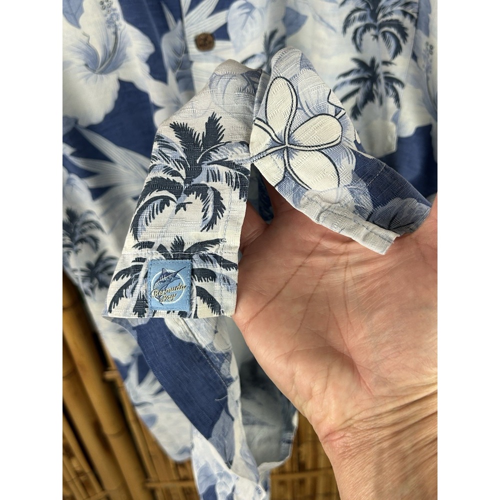 Bermuda Bay 100% Silk Hawaiian Shirt Blue White‎ Short Sleeve Button Up Size 2XL - Picture 4 of 13